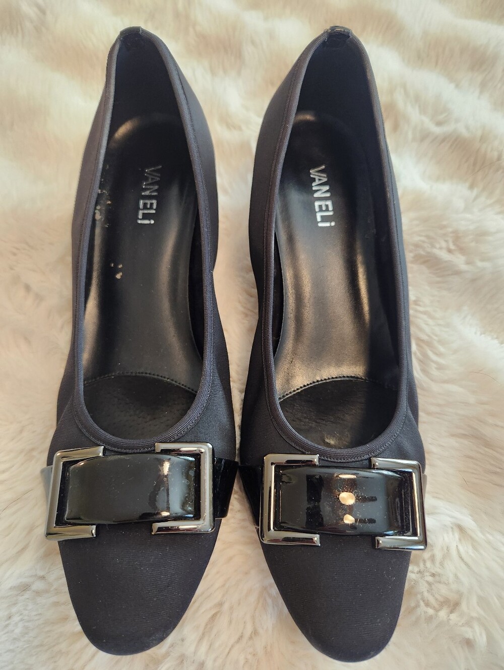 Vaneli Black Round-Toe Short Heel Pump with Shiny Buckle